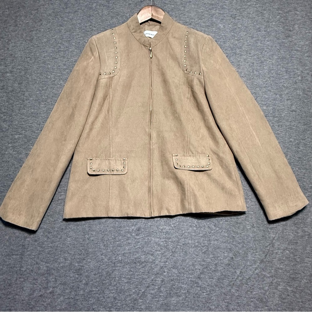 Alfred Dunner Tan Suede Jacket, Gold Studded Details Women’s Size 10 Zip Closure